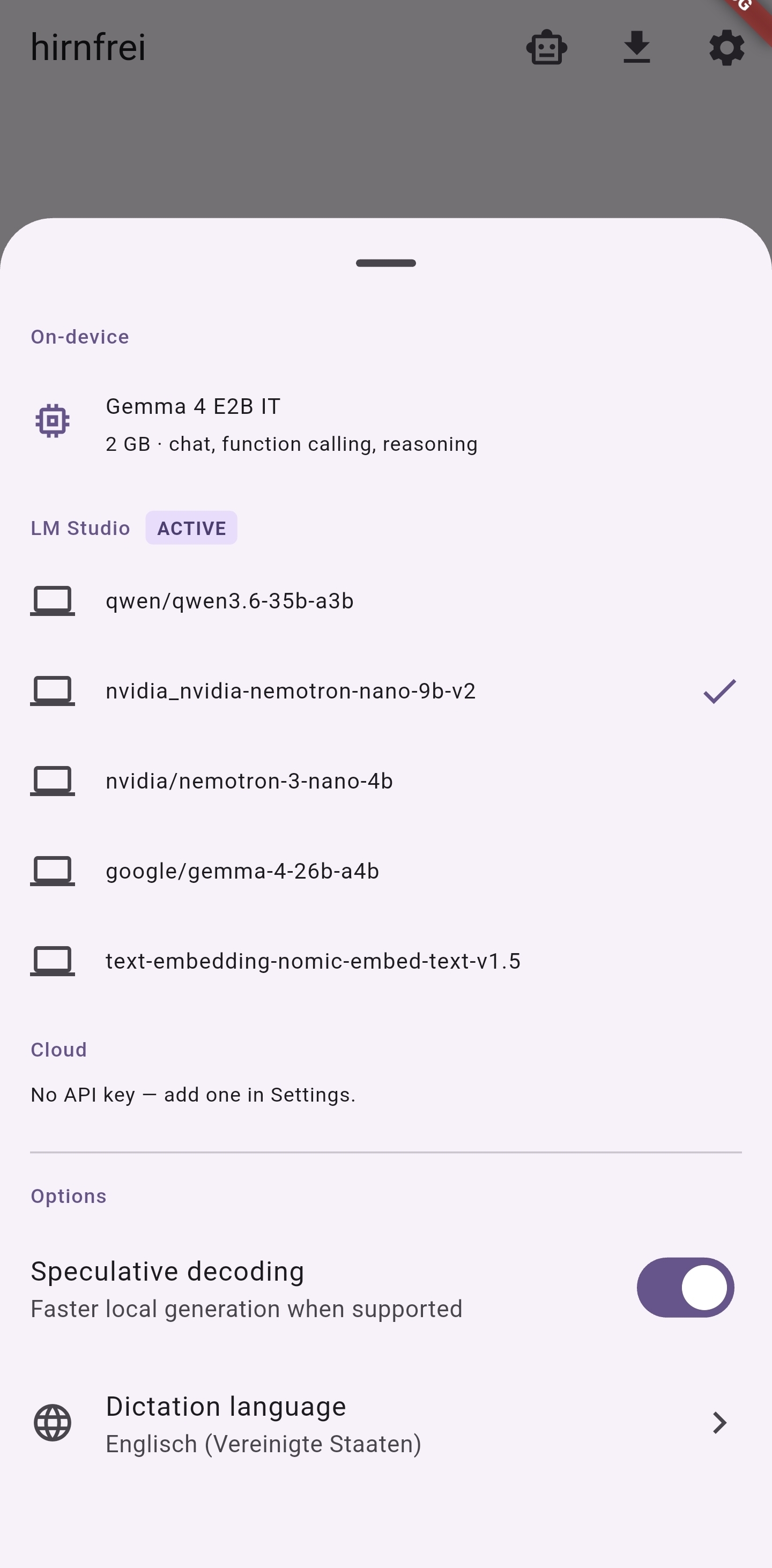 Model selection showing on-device and LM Studio models